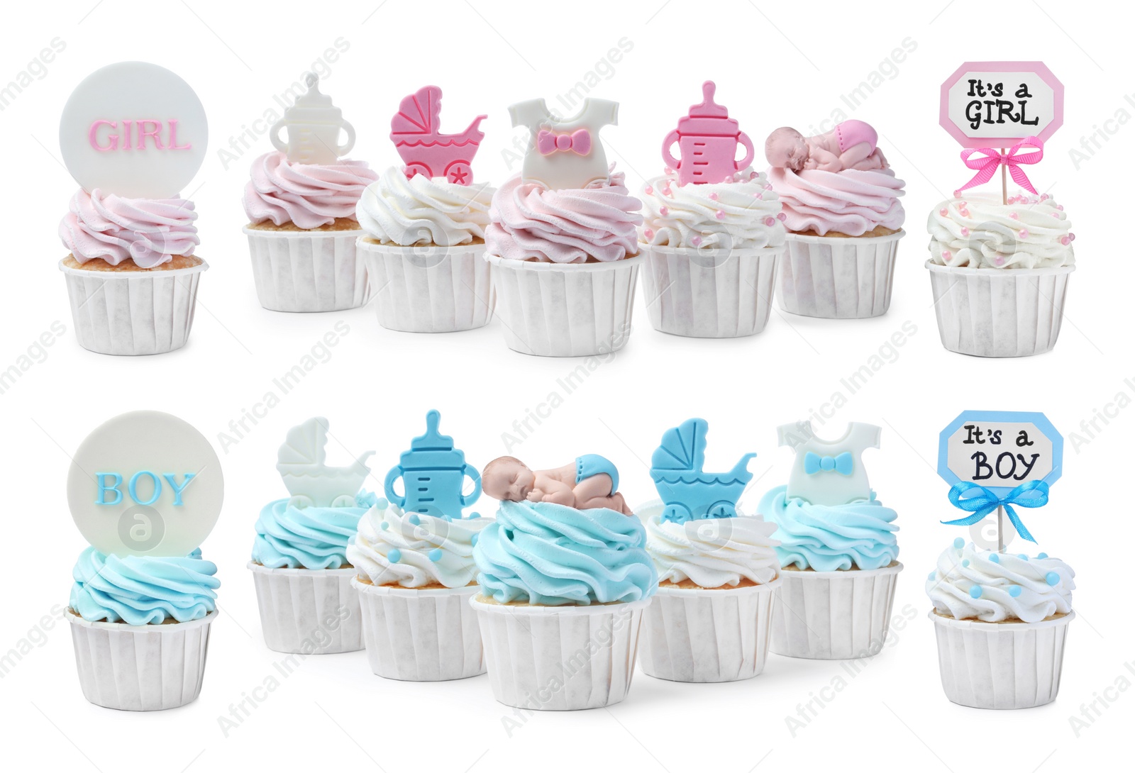 Image of Beautifully decorated baby shower cupcakes on white background, collage