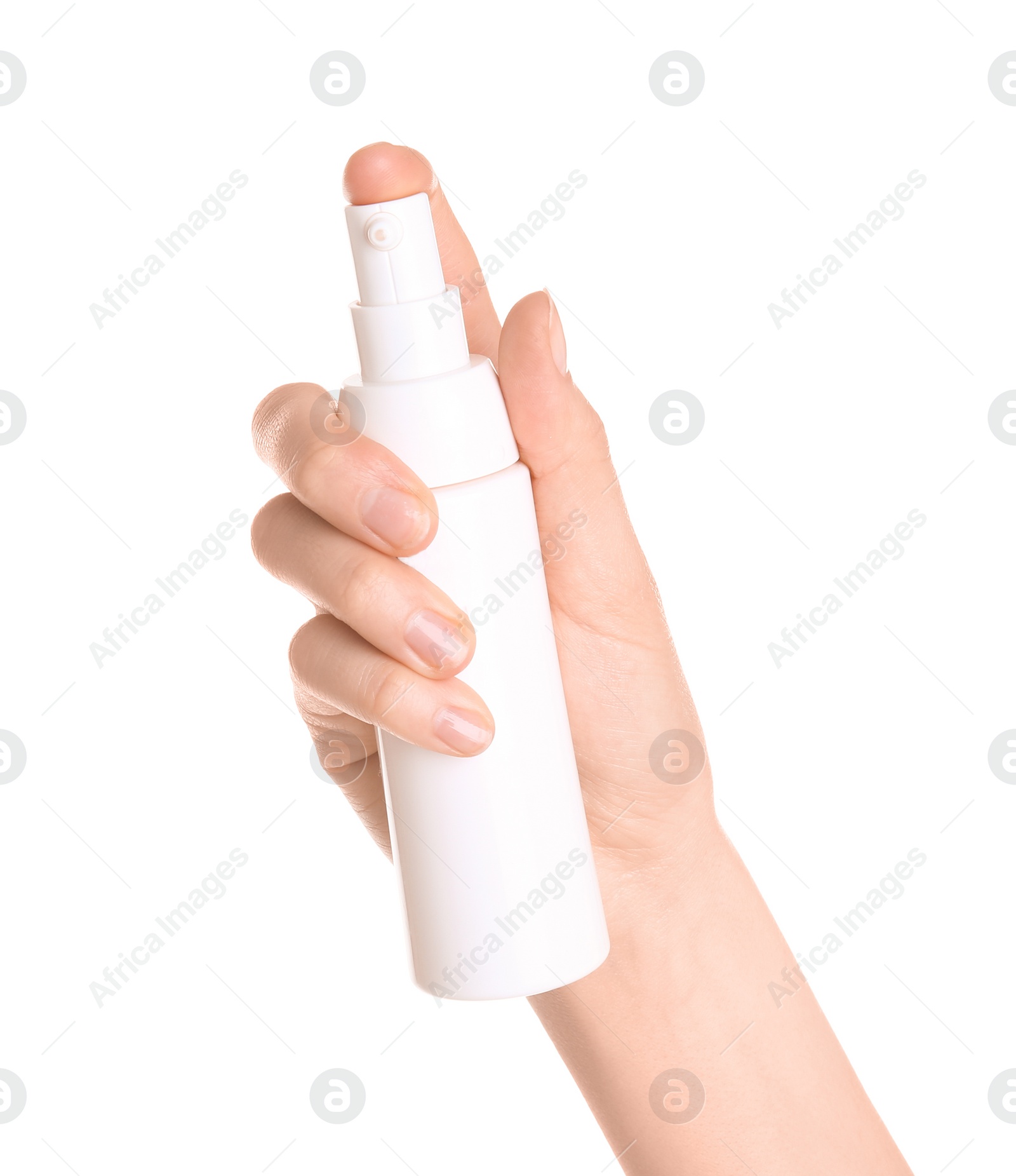 Photo of Young woman holding bottle with hand cream on white background