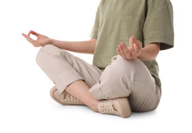 Woman meditating on white background, closeup view