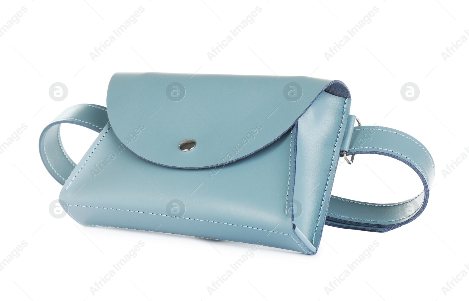 Photo of Light blue women's envelope belt bag isolated on white