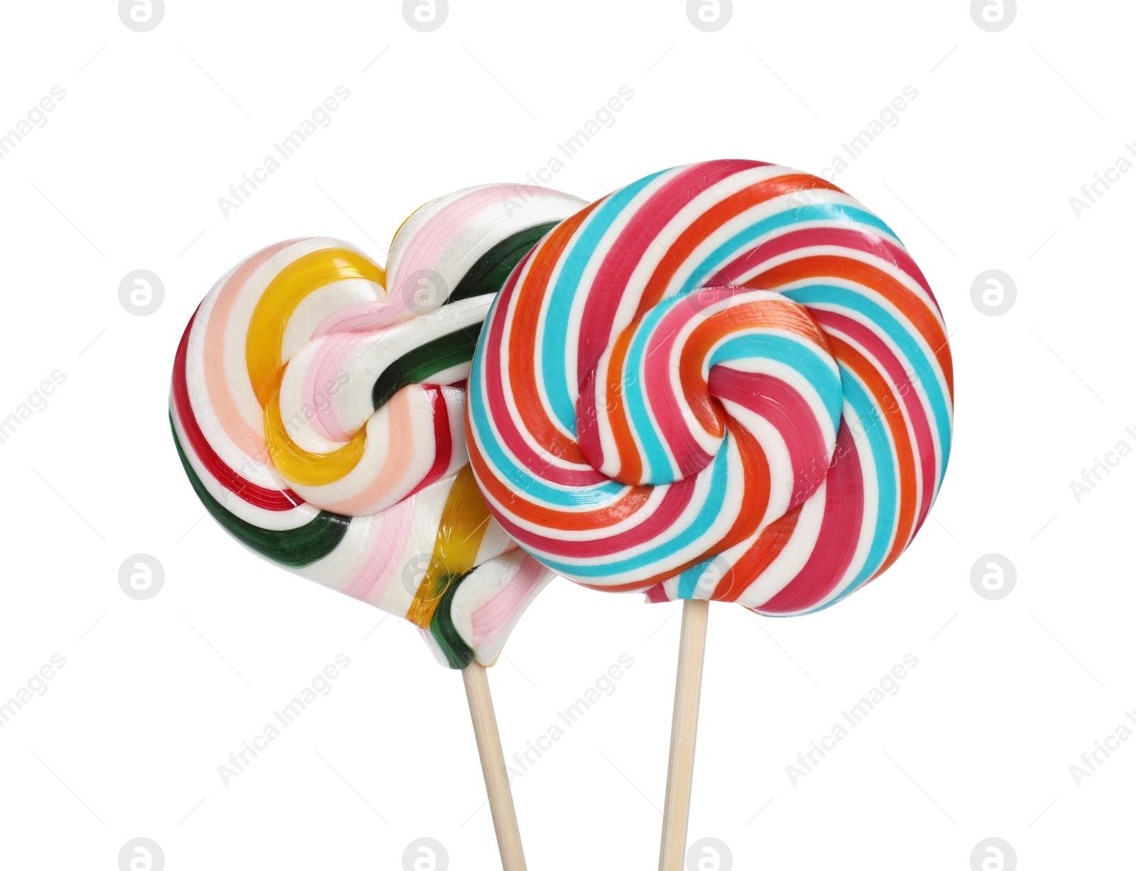 Photo of Sticks with different colorful lollipops isolated on white