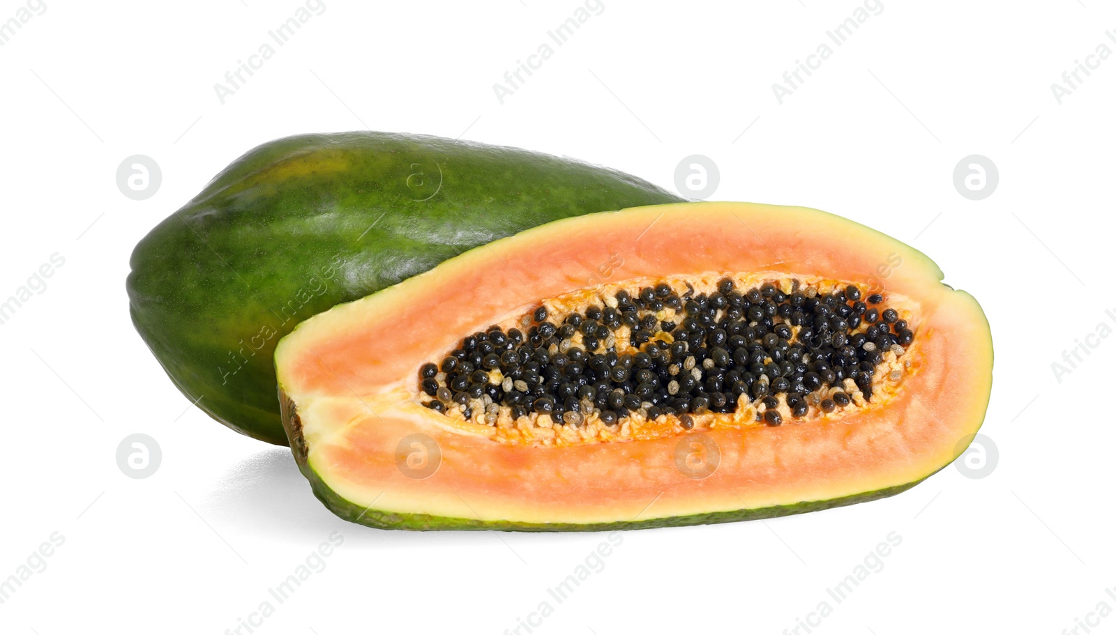 Photo of Fresh juicy ripe papayas on white background