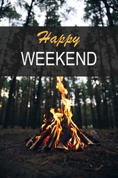 Image of Happy Weekend. Beautiful bonfire with burning firewood in forest