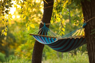 Photo of Empty comfortable blue hammock at green garden