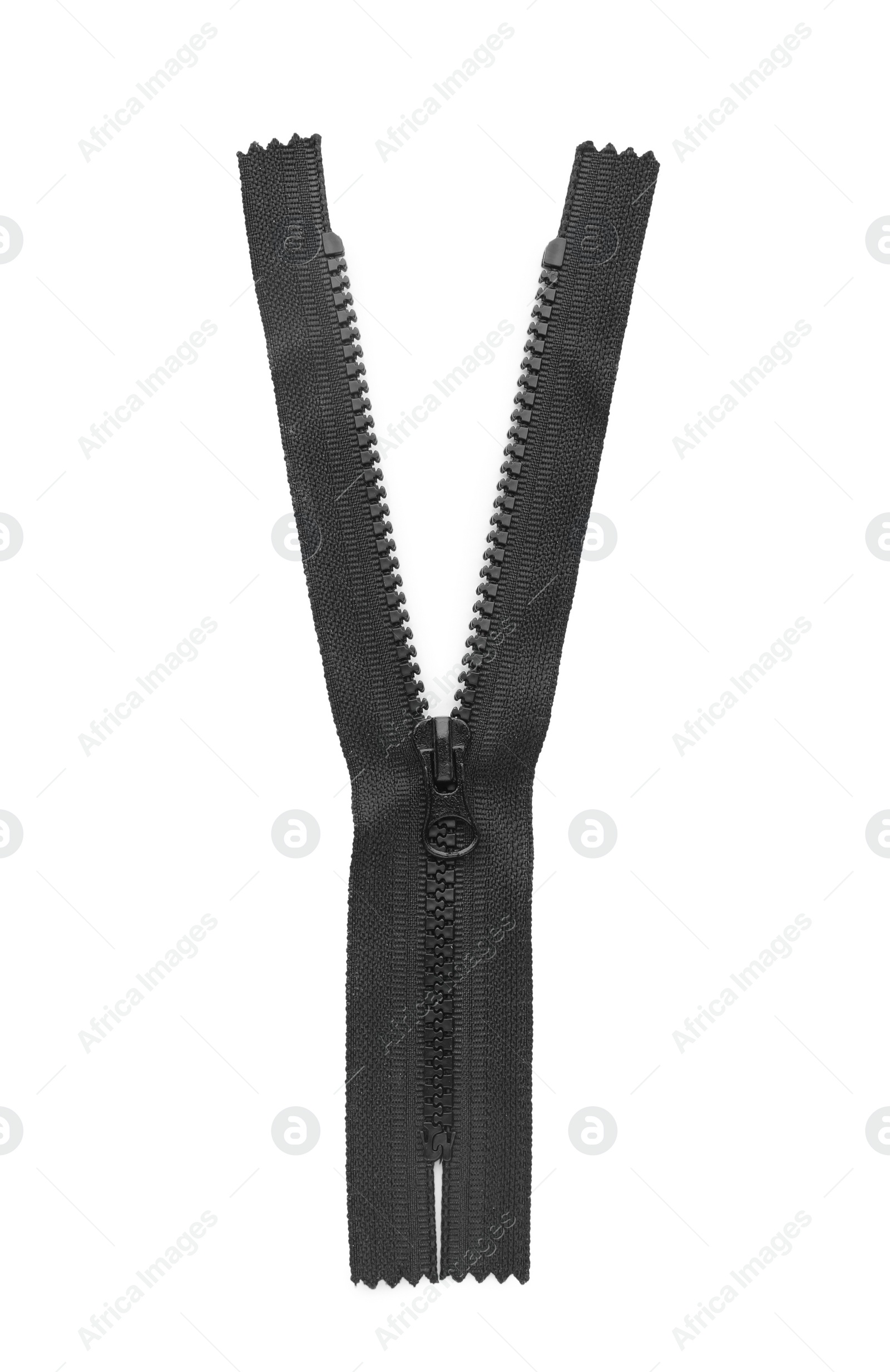 Photo of Black zipper isolated on white, top view