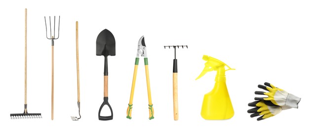 Image of Set with different gardening tools on white background. Banner design