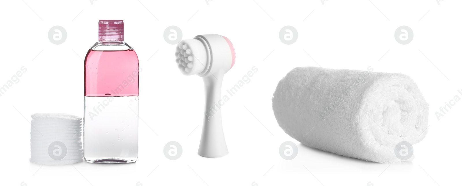 Image of Set with bottle of cosmetic product tools for cleansing on white background. Banner design