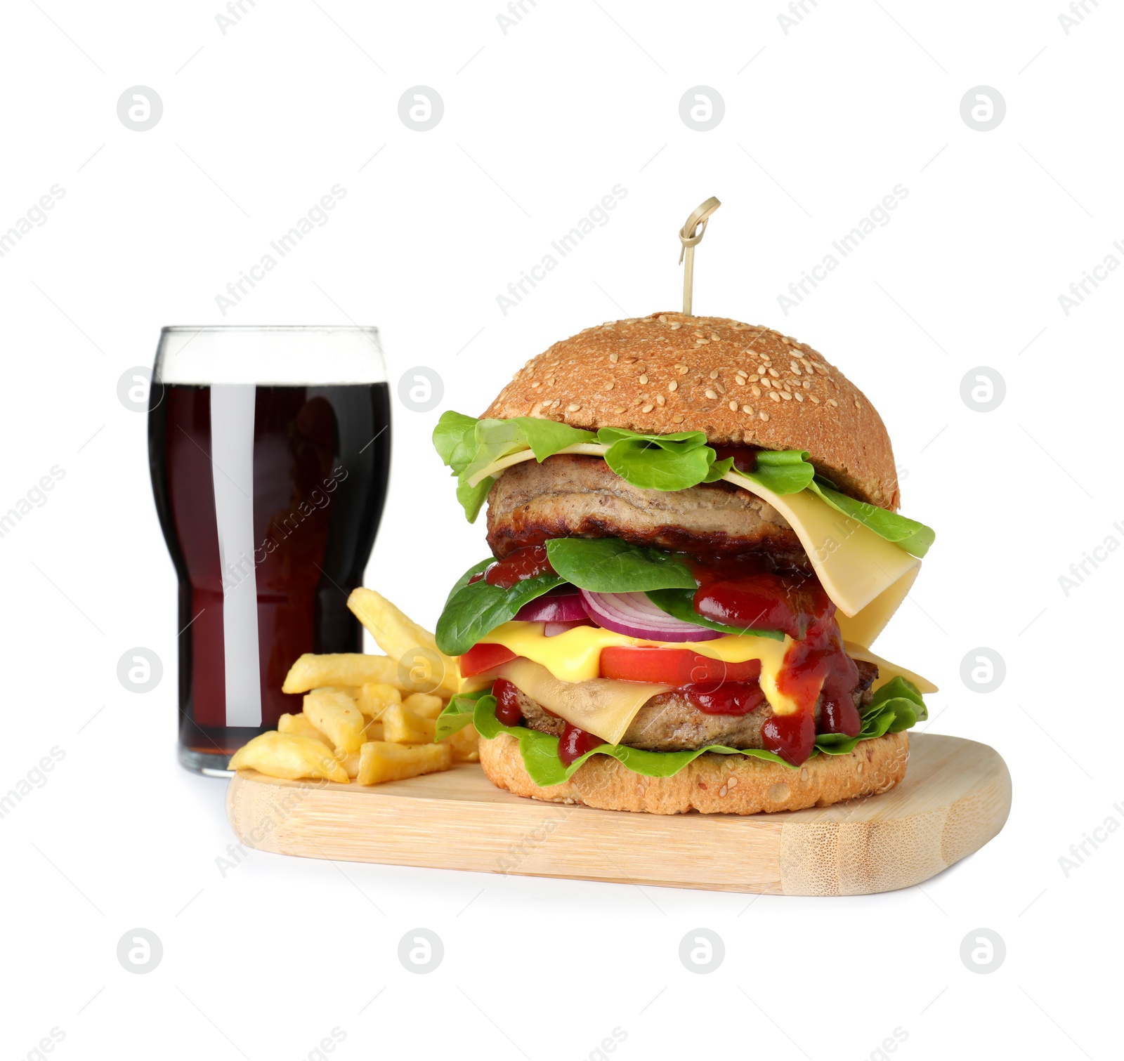 Photo of Wooden board with fresh burger, french fries and drink isolated on white