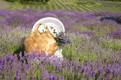 Photo of Wicker bag with beautiful lavender flowers on chair in field