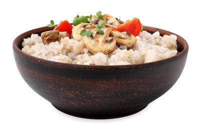 Photo of Delicious barley porridge with mushrooms, tomatoes and microgreens in bowl isolated on white
