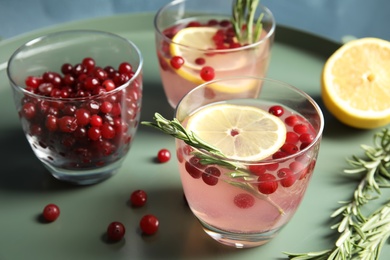 Photo of Tasty refreshing cranberry cocktail with rosemary on table