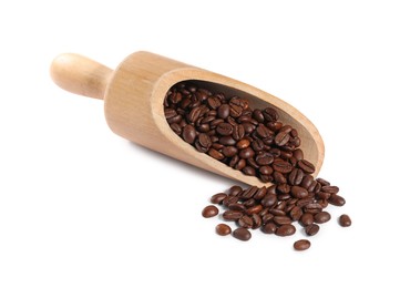Photo of Wooden scoop with roasted coffee beans isolated on white