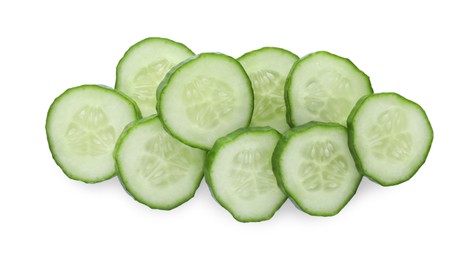 Photo of Slices of fresh ripe cucumber isolated on white, top view