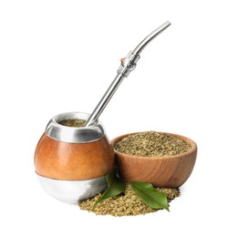 Photo of Calabash with mate tea and bombilla on white background