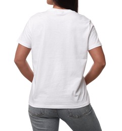 Woman wearing stylish t-shirt on white background, closeup