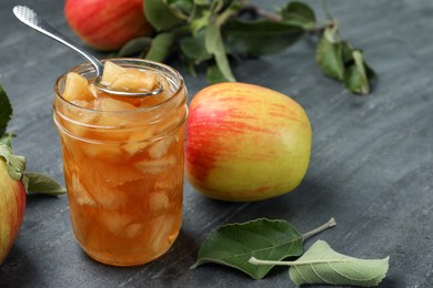 Photo of Tasty apple jam with spoon in glass jar and fresh fruit on grey table, space for text