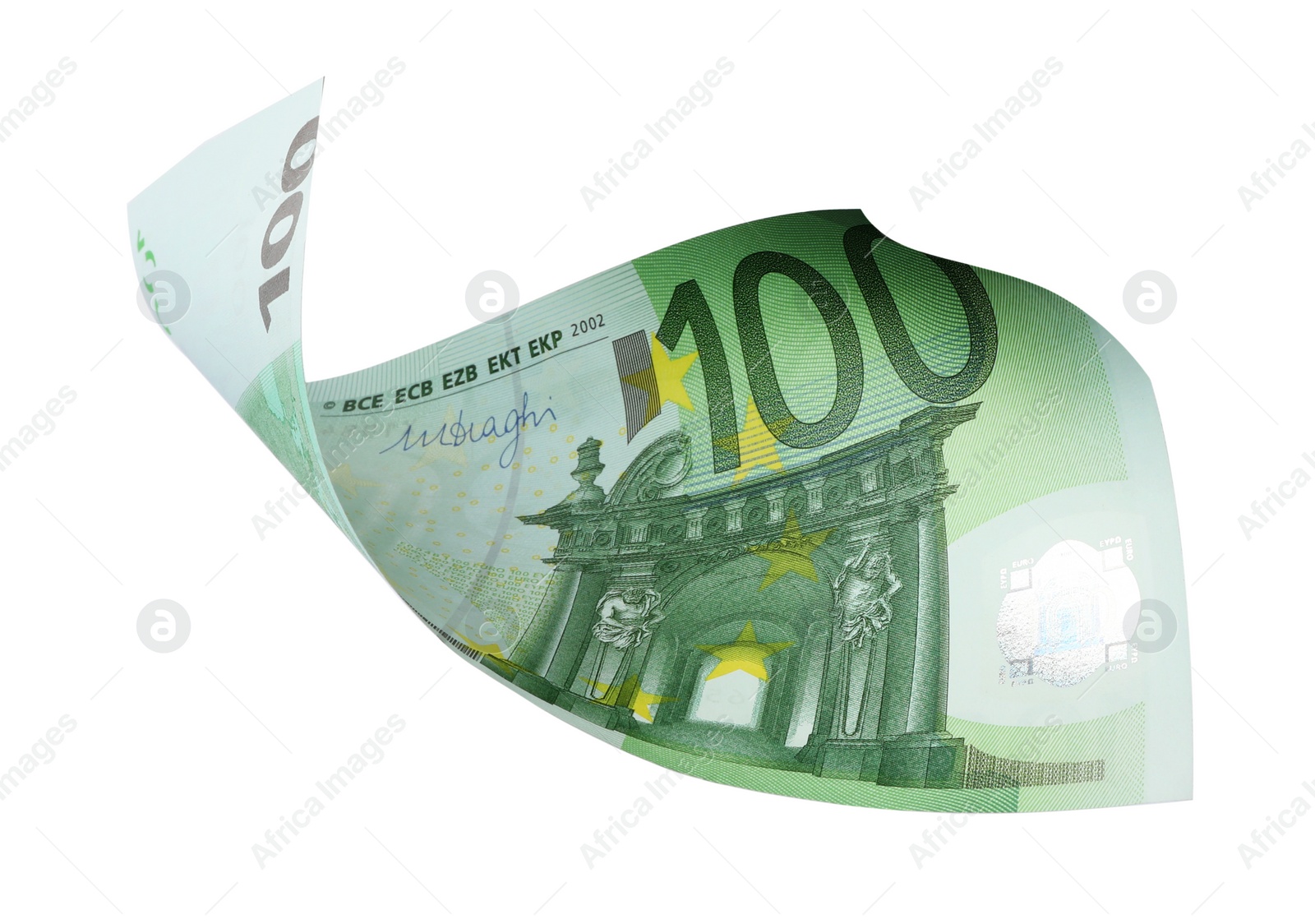 Photo of Flying one hundred Euro banknote isolated on white