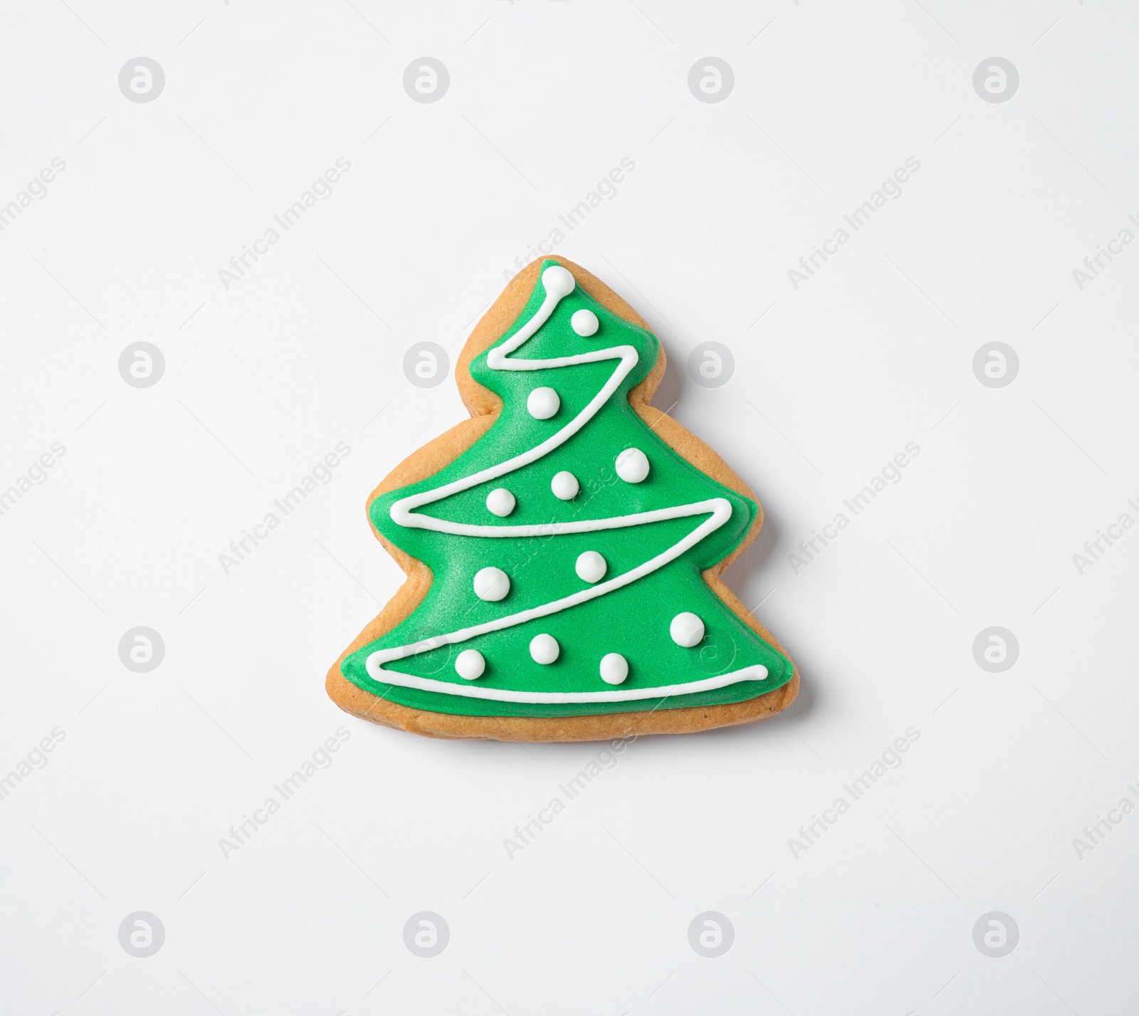 Photo of Tasty homemade Christmas cookie on white background, top view