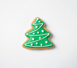 Tasty homemade Christmas cookie on white background, top view