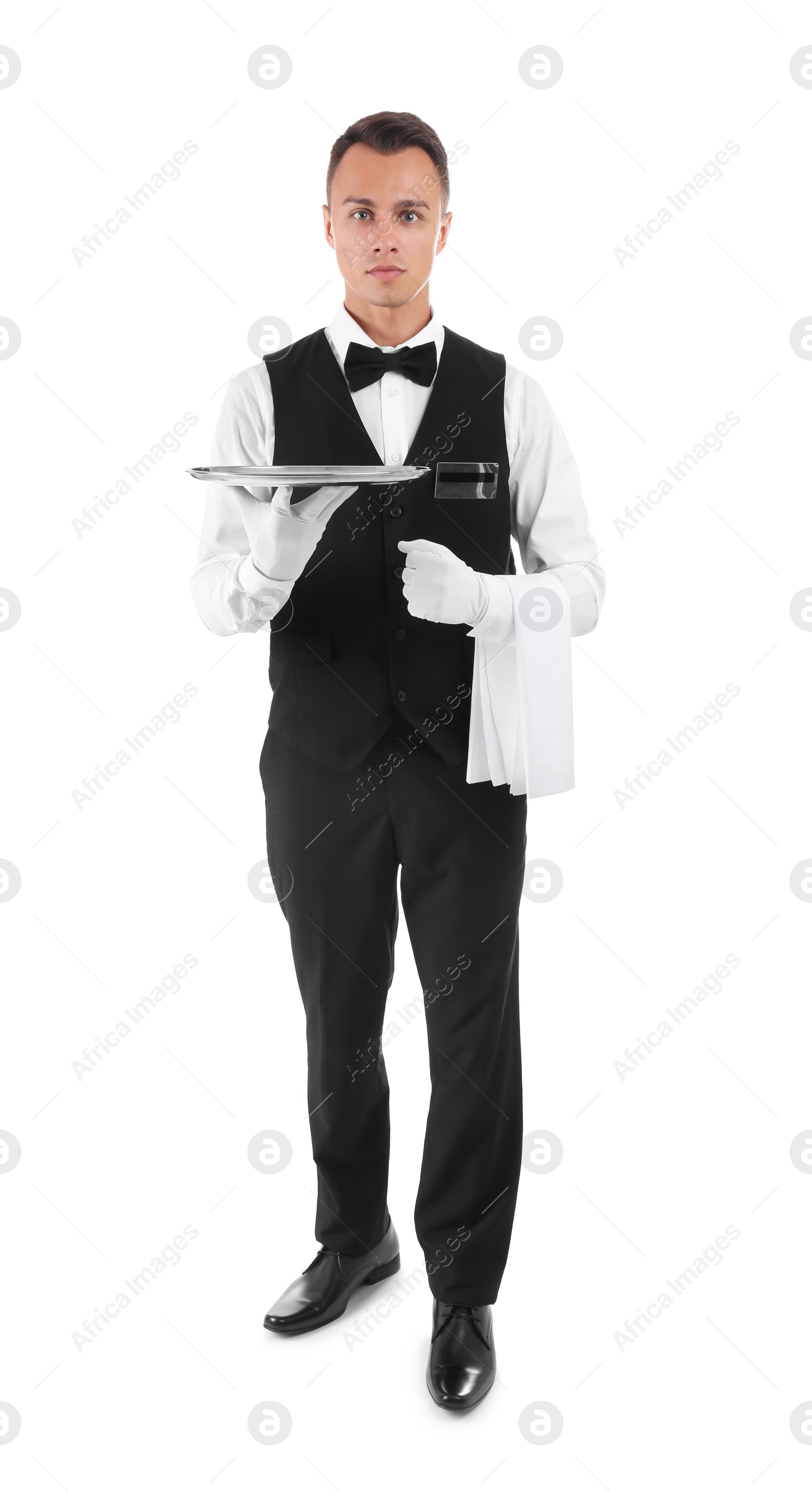 Photo of Waiter holding metal tray on white background