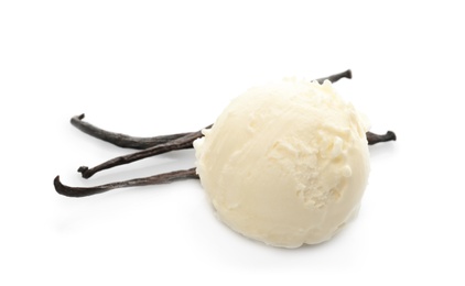 Photo of Ball of tasty vanilla ice cream and pods on white background