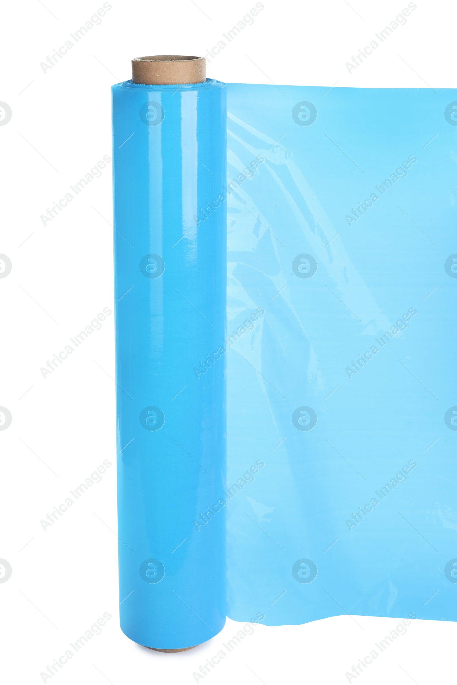 Photo of Roll of light blue stretch wrap isolated on white