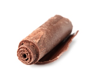 Photo of Curl of tasty chocolate on white background