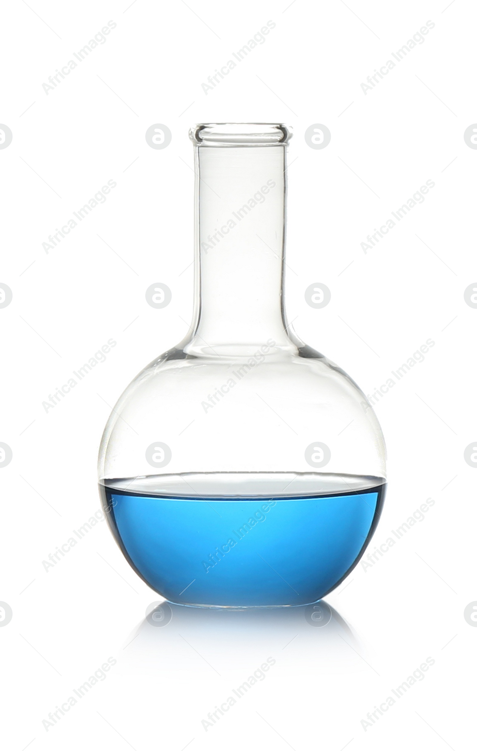 Photo of Florence flask with light blue liquid isolated on white