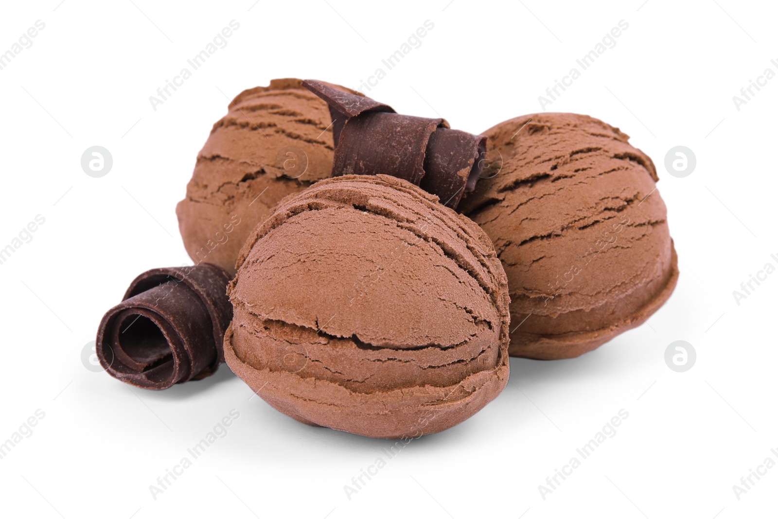 Photo of Scoops of ice cream and chocolate curls isolated on white