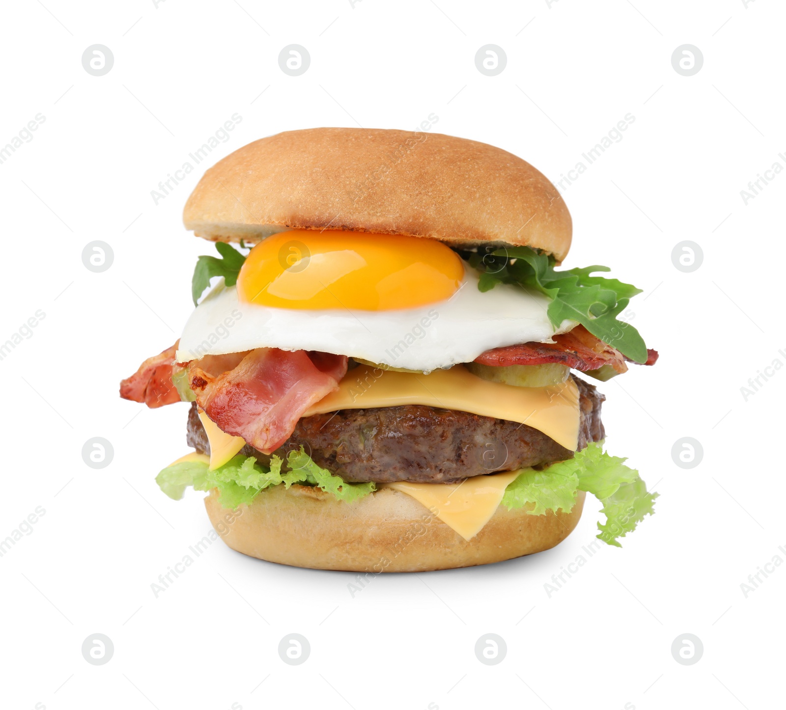 Photo of Delicious burger with fried egg isolated on white