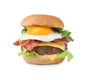 Photo of Delicious burger with fried egg isolated on white