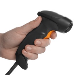 Man with barcode scanner on white background, closeup