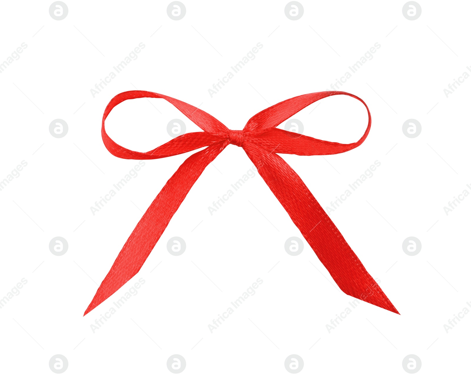 Photo of Beautiful red ribbon tied in bow isolated on white, top view