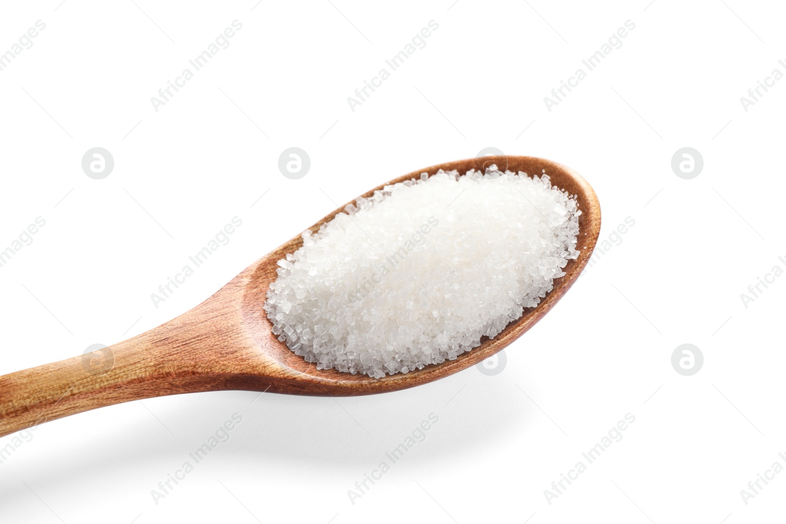 Photo of Granulated sugar in wooden spoon isolated on white