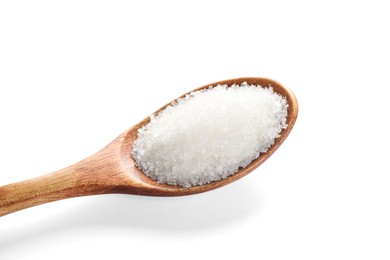 Photo of Granulated sugar in wooden spoon isolated on white