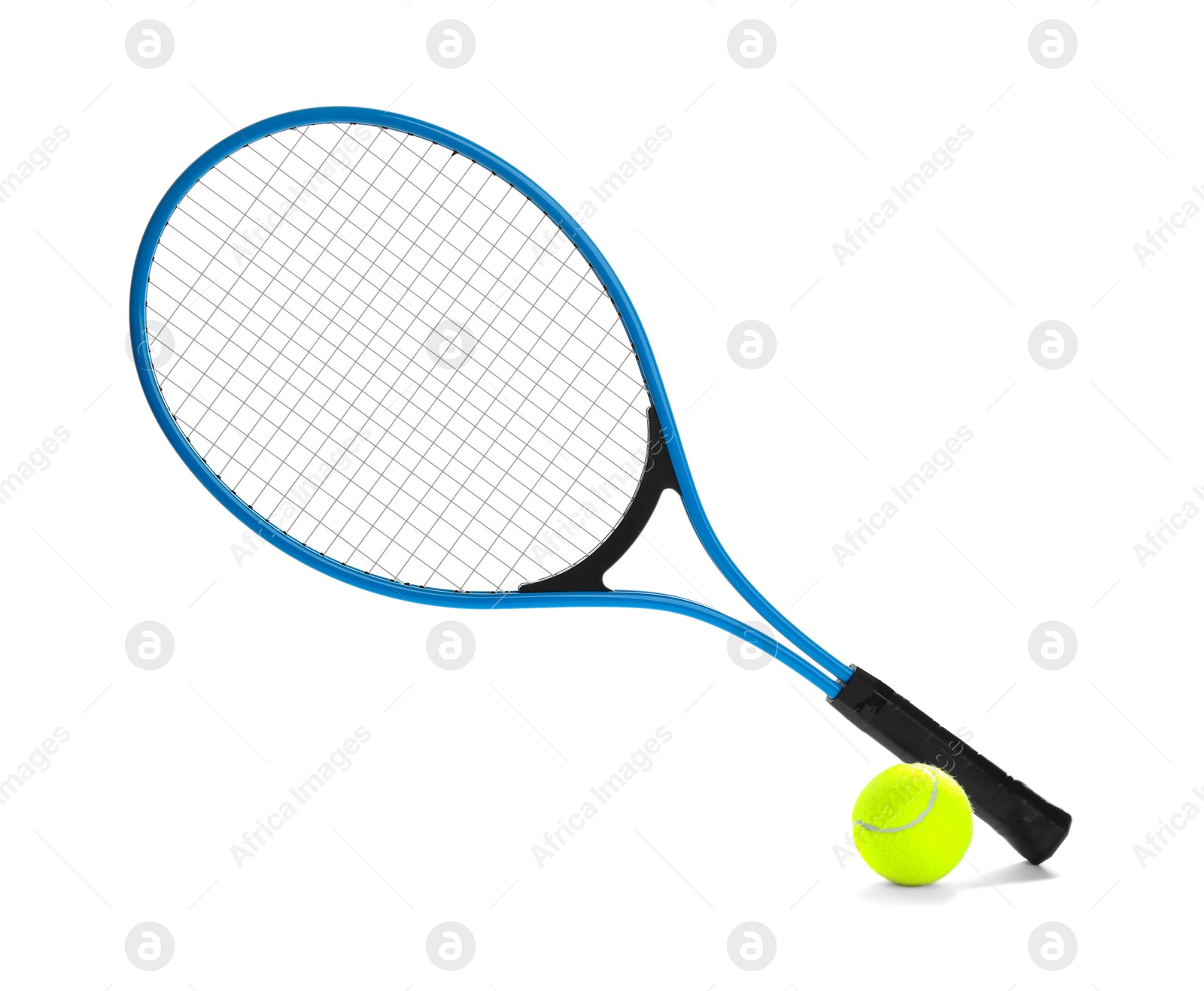 Photo of Tennis racket and ball on white background. Sports equipment