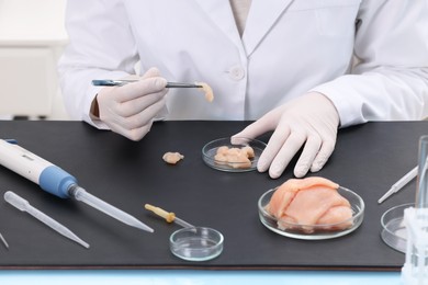 Photo of Quality control. Food inspector examining meat in laboratory, closeup