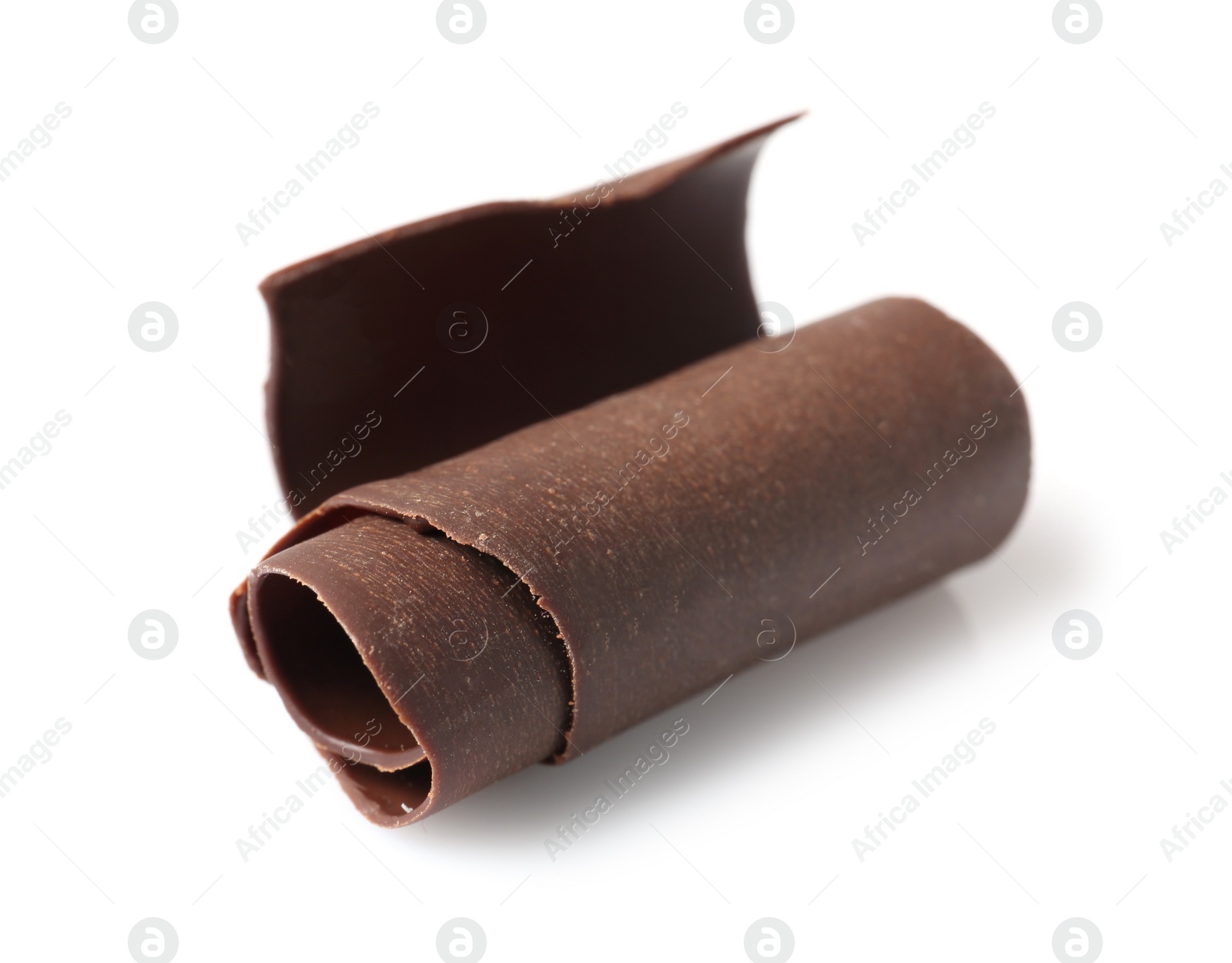 Photo of Yummy chocolate curl for decor on white background