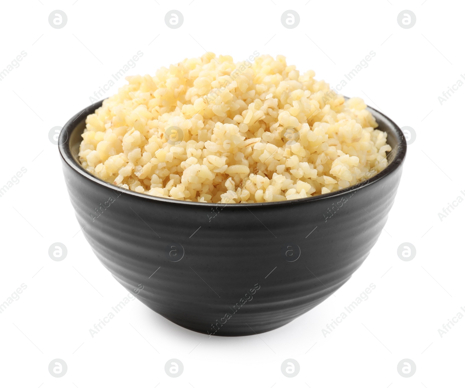 Photo of Delicious bulgur in bowl isolated on white