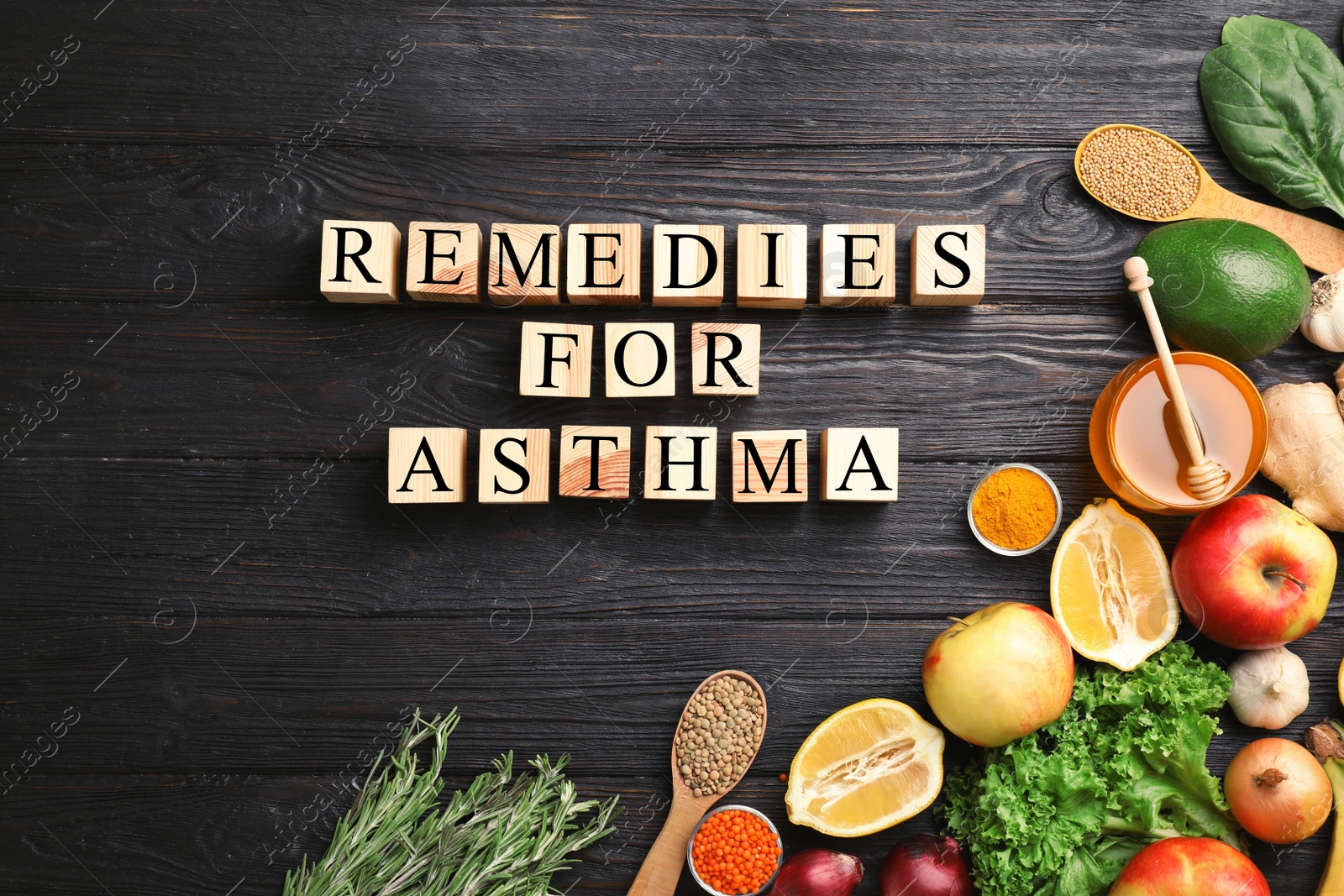 Photo of Natural products and cubes with space for text on wooden background. Home remedies for asthma