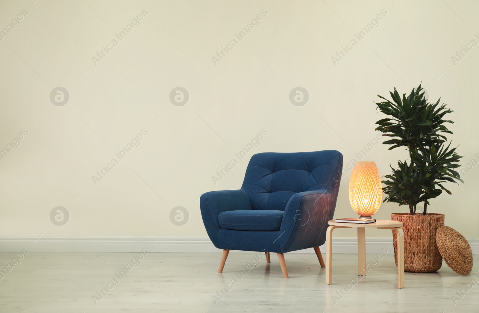 Photo of Stylish room interior with comfortable armchair and plant near beige wall. Space for text