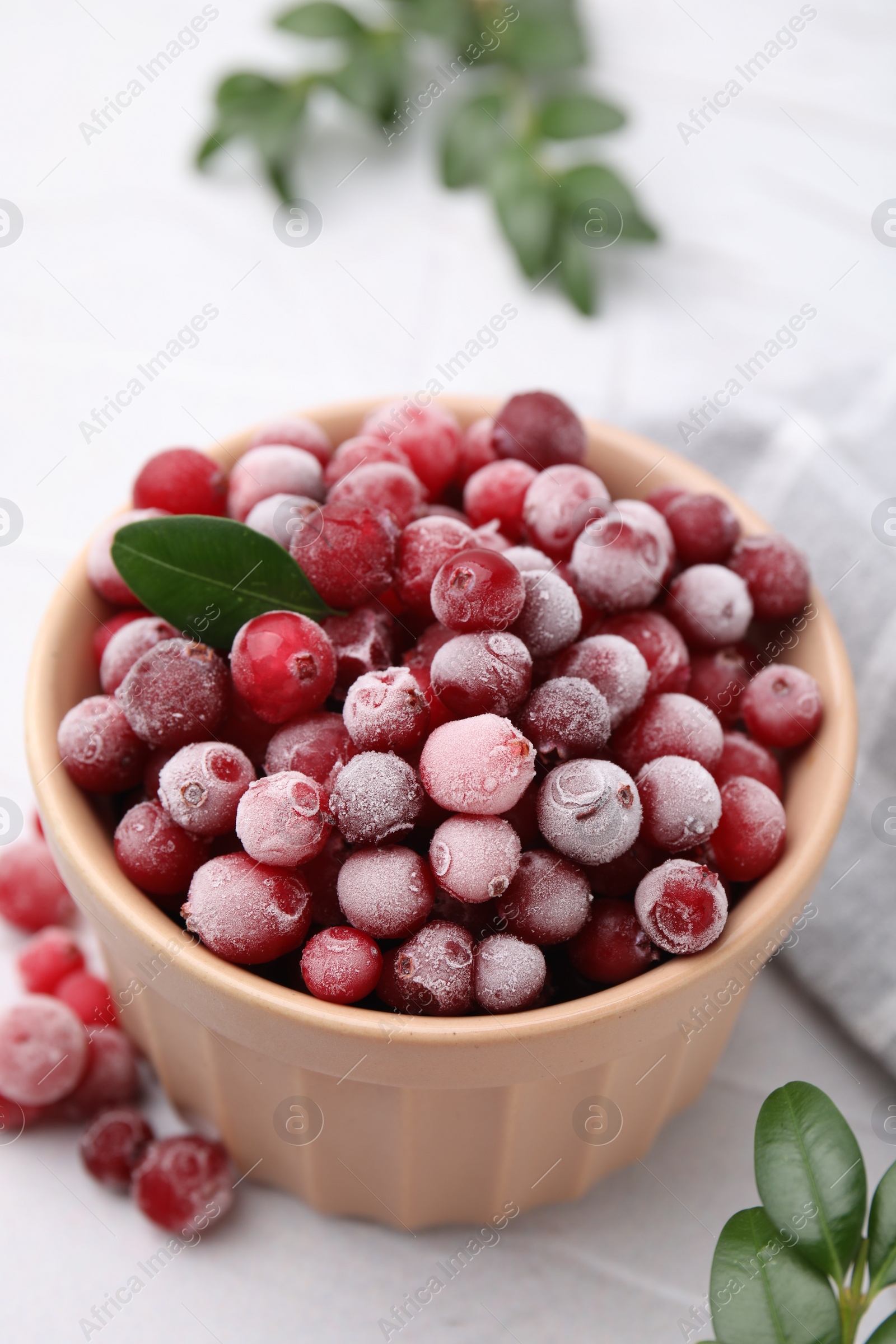 Photo of Frozen red cranberries in bowl and green leaves on white table, closeup