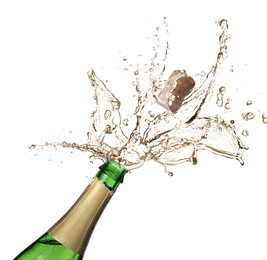 Image of Sparkling wine splashing out of bottle on white background