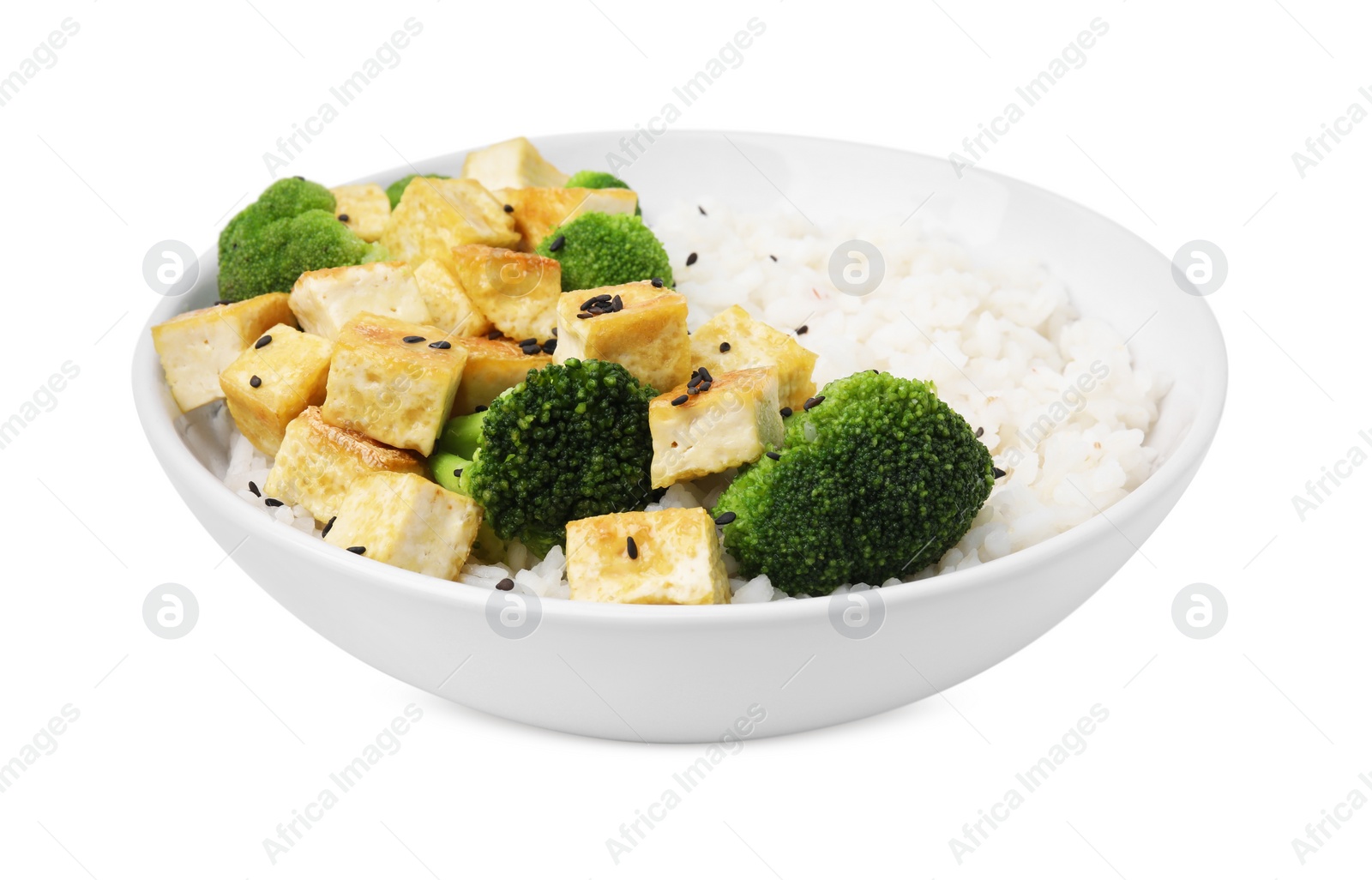 Photo of Bowl of rice with fried tofu and broccoli isolated on white