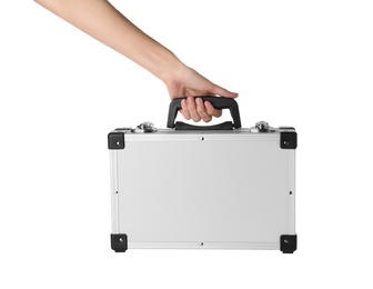 Photo of Woman holding modern suitcase on white background