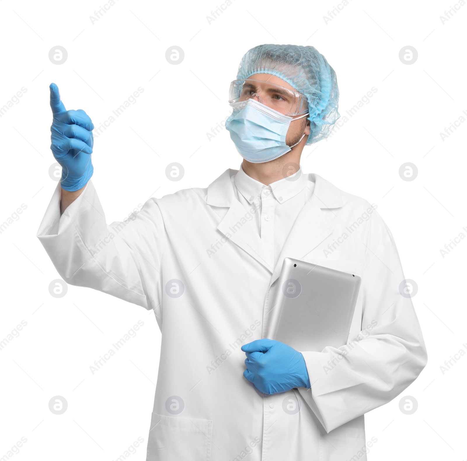 Photo of Quality control. Food inspector with tablet on white background