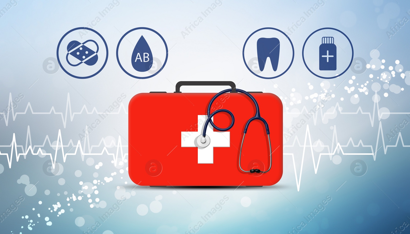 Image of First aid kit, stethoscope and different icons on light blue background, illustration