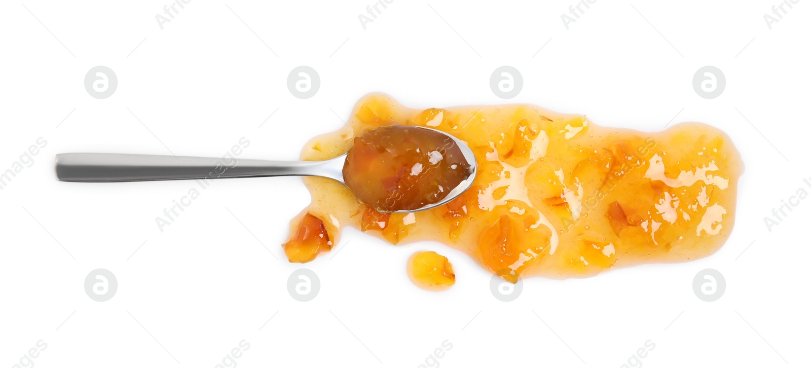 Photo of Spoon with delicious apple jam on white background, top view