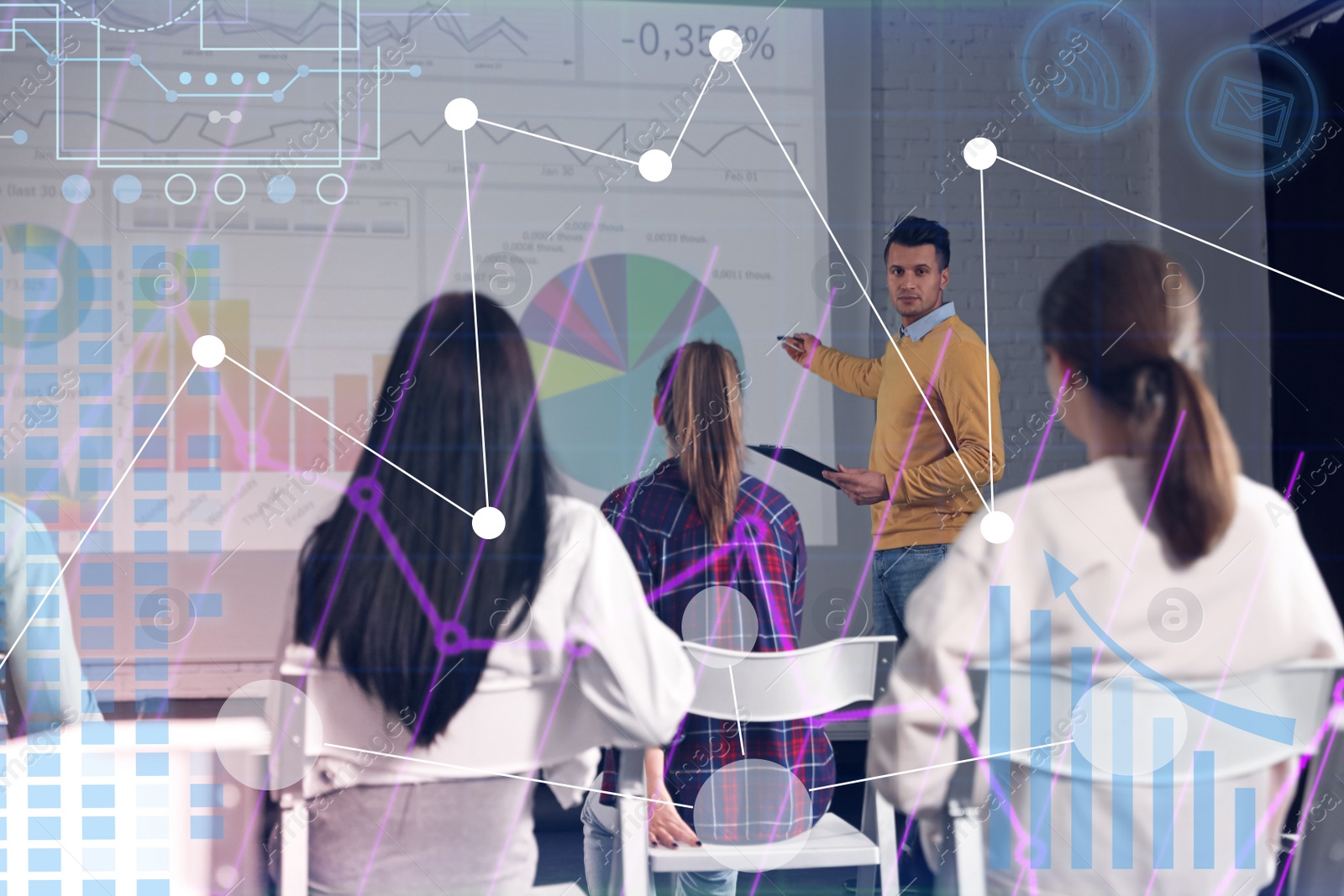 Image of Business trainer giving lecture using video projector in conference room and digital schemes. Double exposure