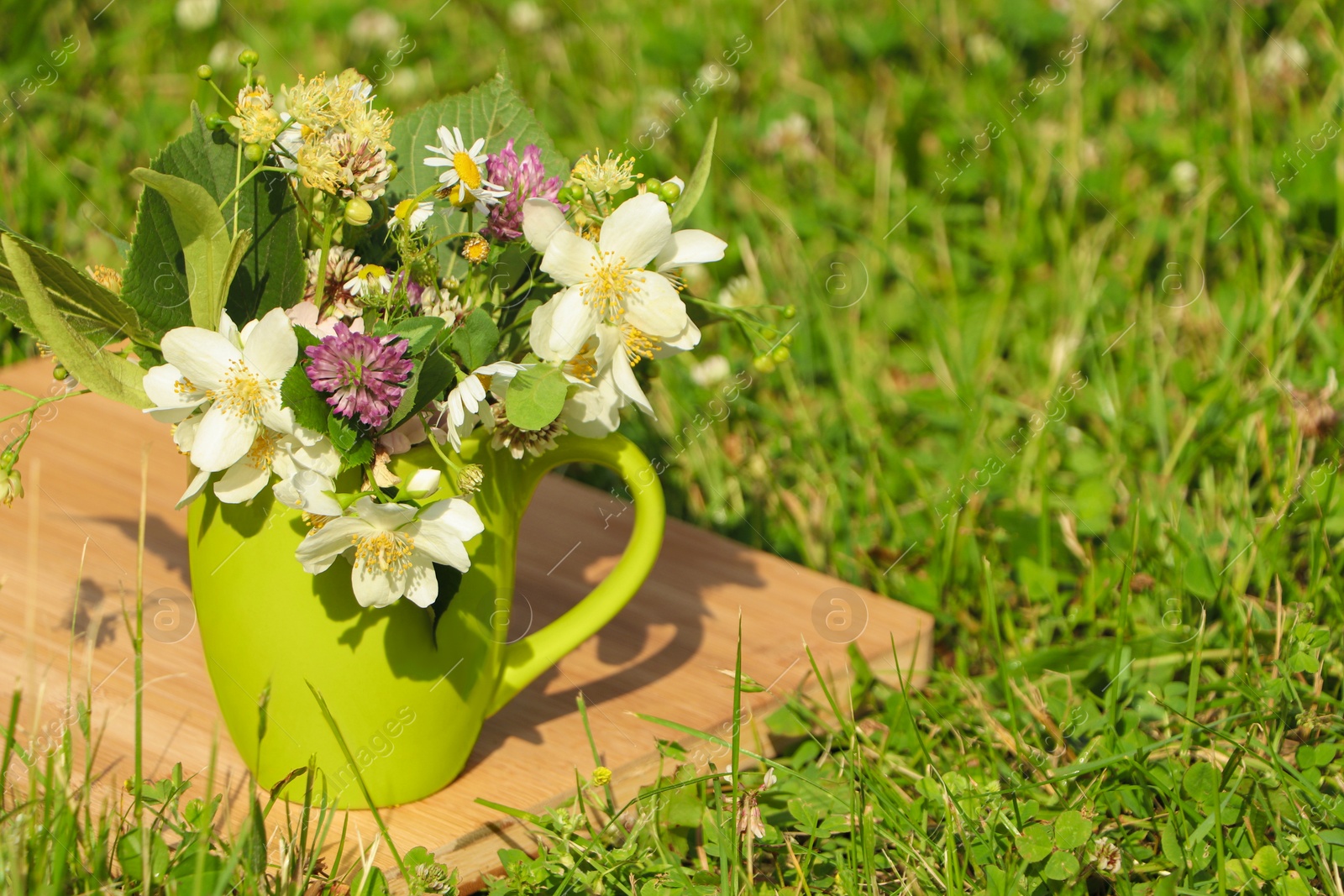 Photo of Green cup with different wildflowers and herbs on wooden board in meadow. Space for text